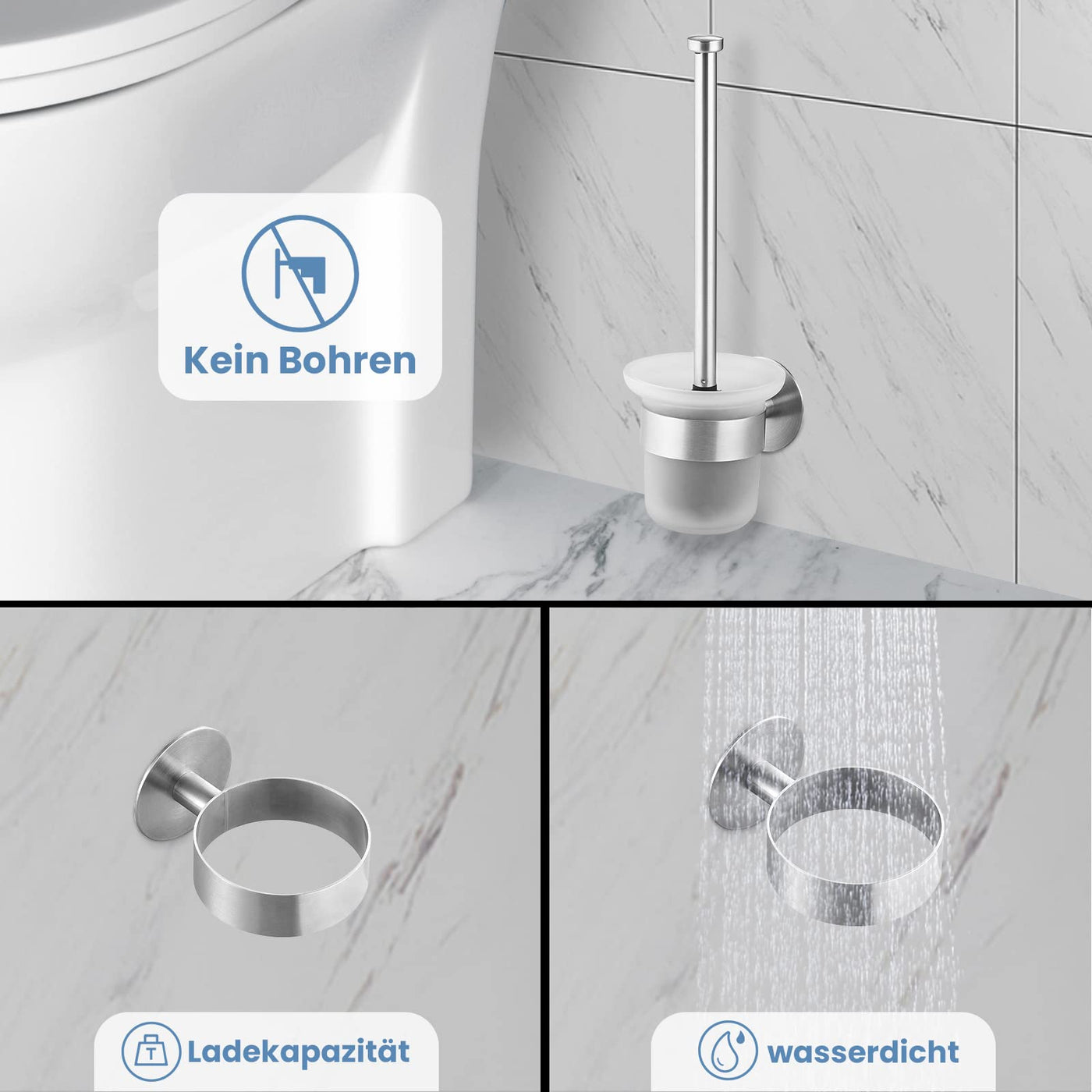MaxDoux Klobürste- Toilettenbürste Ohne Bohren Wandmontage WC Bürste mit Halter Edelstahl und Glas Klobürstenhalter WC Garnitur für Bad und WC