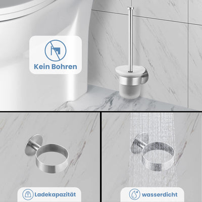 MaxDoux Klobürste- Toilettenbürste Ohne Bohren Wandmontage WC Bürste mit Halter Edelstahl und Glas Klobürstenhalter WC Garnitur für Bad und WC