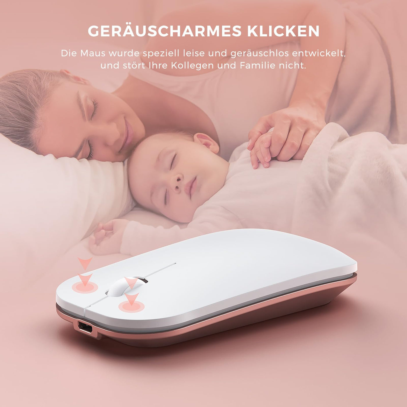 seenda Tastatur Maus Set Kabellos, Wiederaufladbare Aluminium Tastatur mit kompaktes Design, Ultradünne und Leise Funktastatur mit Maus für PC/Laptop/Smart TV, 1200 DPI, QWERTZ Layout, Weiß&Rosagold