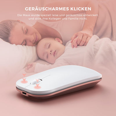 seenda Tastatur Maus Set Kabellos, Wiederaufladbare Aluminium Tastatur mit kompaktes Design, Ultradünne und Leise Funktastatur mit Maus für PC/Laptop/Smart TV, 1200 DPI, QWERTZ Layout, Weiß&Rosagold