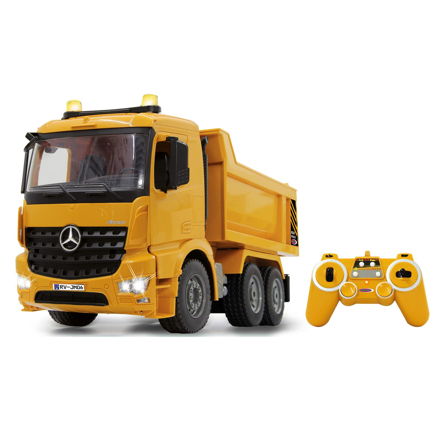 JAMARA 404940 - Muldenkipper Mercedes-Benz Arocs 2,4 GHz - Kippmulde hoch/runter, realistischer Motorsound, Hupe, Rückfahrwarnsound, 4 Radantrieb, gelbe LED Signallichter, programmierbare Funktionen
