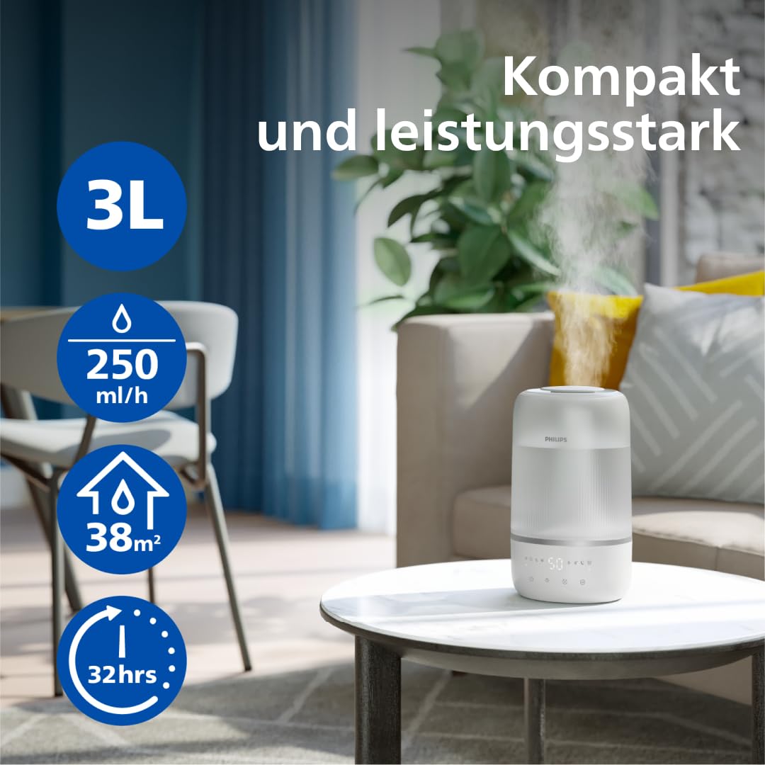 Philips Smart Humidifier - kompakt und dennoch leistungsstark mit himmelhohem Nebel, Aromatherapie, leise mit Schlafeinstellung und Nachtlicht, für (Schlaf-) Räume bis zu 38 m² (HU1509/00)