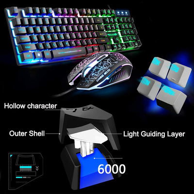 Lexon tech Kabelgebundene Tastatur und Maus Set T6 Rainbow Hintergrundbeleuchtung, USB, ergonomische Multimedia-Tastatur, 2400 DPI,6 Tasten,USB-Gaming-Maus, inklusive Gaming-Mauspads in Standardgröße