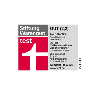 LG RT80V9B, Klasse A+++,Trockner 8 kg, Wärmepumpentrockner mit Kurzprogramm, Trockensensor, Trommelmaterial aus Edelstahl, 60 x 69 x 85 cm ꟷ Schwarz