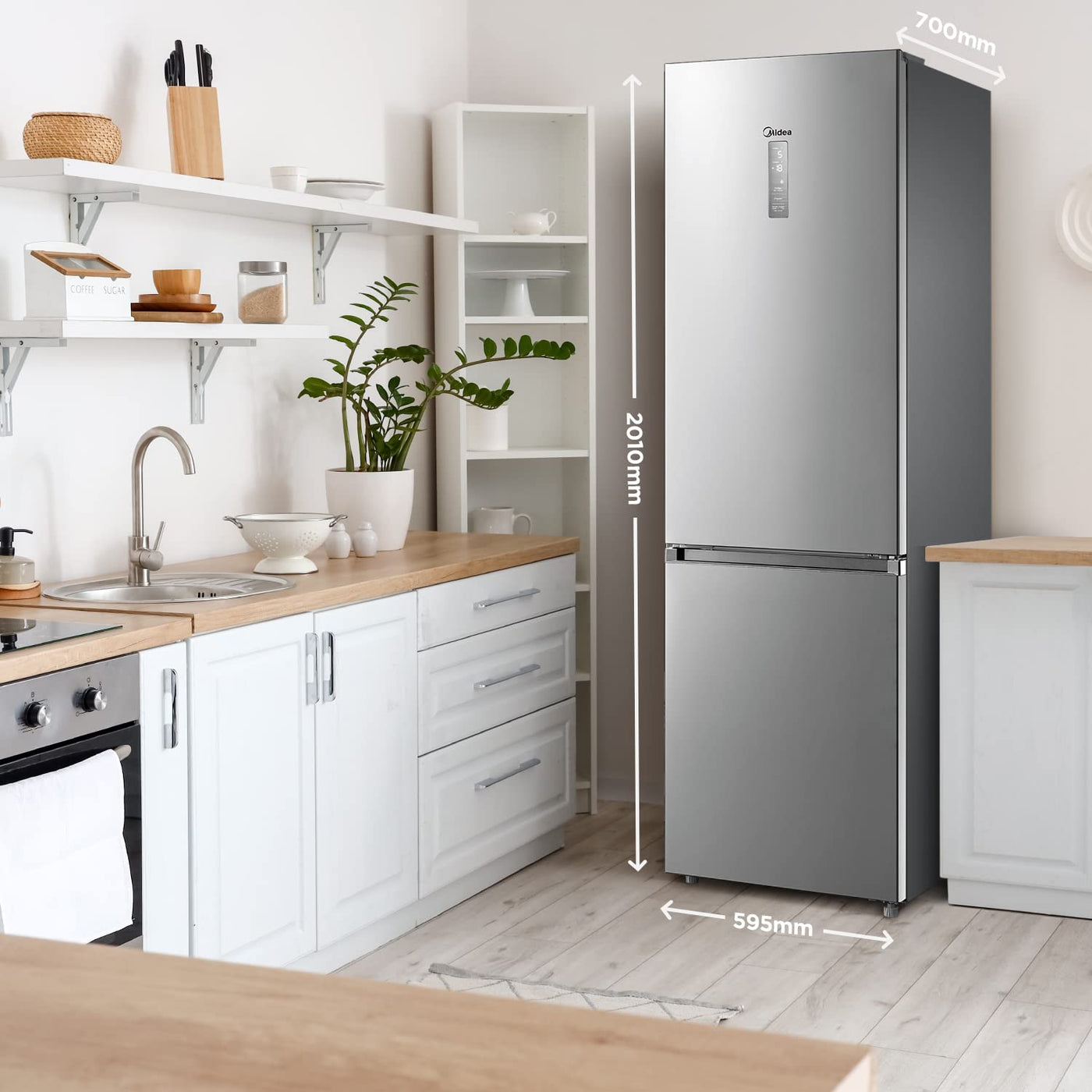 Midea MDRB521MGB02 Kühl-/Gefrierkombination/NoFrost/Inverter Kompressor/Metal Cooling/Niedrigtemperaturzone/180° Verstellbare Gefrierfach-Schublade/201 cm hoch/256 L Kühlteil/122 L Gefrierteil