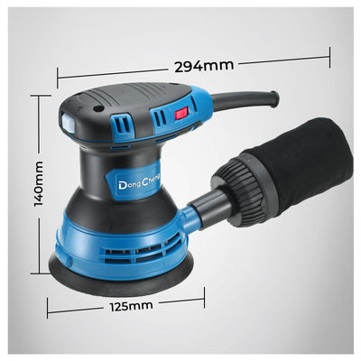 DongCheng Exzenterschleifer 300W, 125mm Schleifmaschine, 6 Geschwindigkeiten, 4,000-12,000 U/min mit Staubfangbehälter und 10 Schleifpapier, ideal für Holzbearbeitungsprojekte und Heimwerkerarbeiten