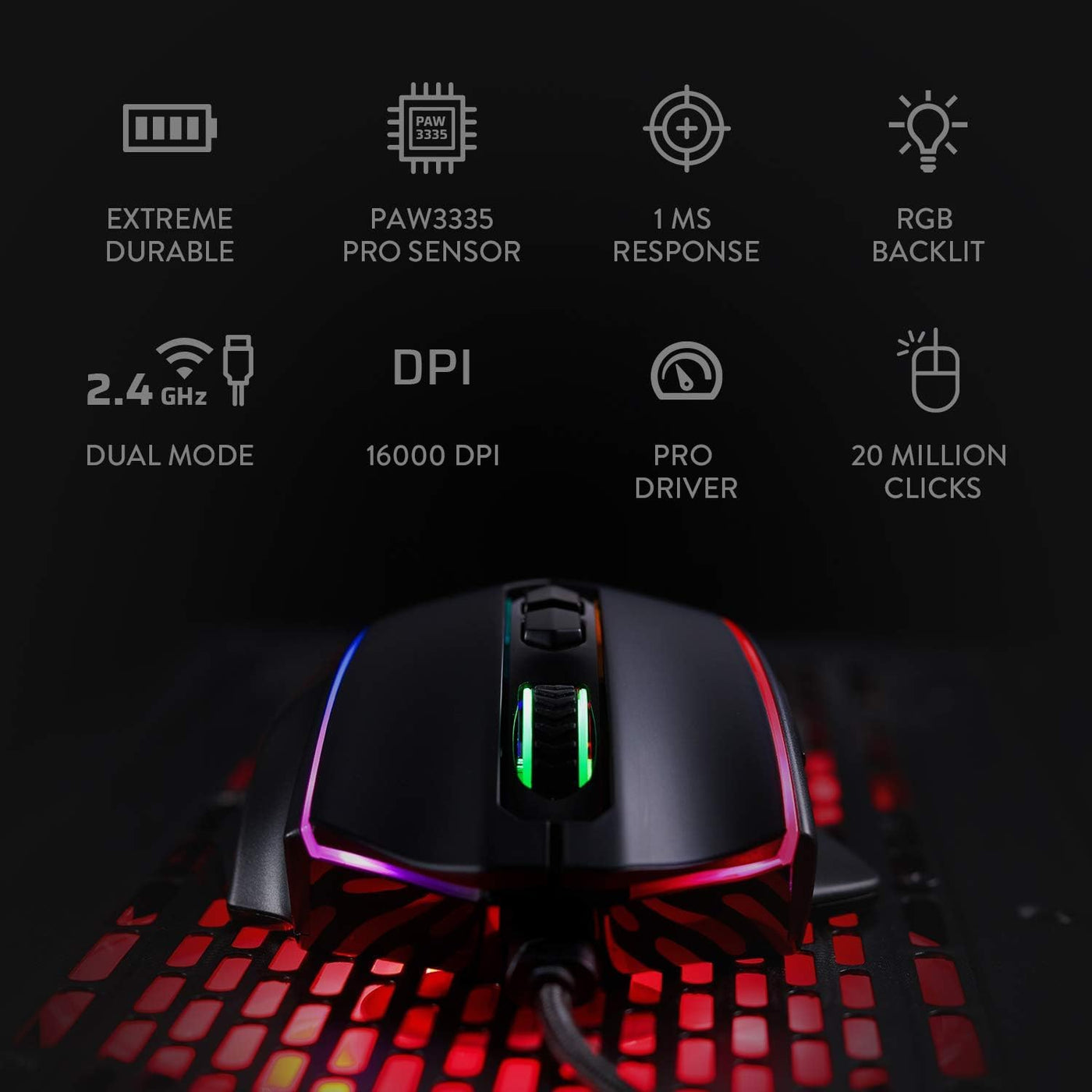 Redragon M686 Vampire Elite Kabellose Gaming Maus, 16000 DPI Kabelgebunde/Kabellose Maus mit Professionellem Sensor, 45-Stunden-Dauerleistung, Anpassbarem Makro und RGB-Hintergrundbeleuchtung