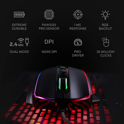 Redragon M686 Vampire Elite Kabellose Gaming Maus, 16000 DPI Kabelgebunde/Kabellose Maus mit Professionellem Sensor, 45-Stunden-Dauerleistung, Anpassbarem Makro und RGB-Hintergrundbeleuchtung