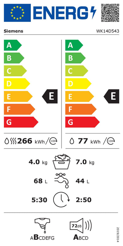 Siemens WK14D543 iQ500 Einbau-Waschtrockner, 7 kg Waschen und 4 kg Trocknen, 1400 UpM, Outdoor-Programm - trocknet wasserfeste Outdoor-Bekleidung zuverlässig, aquaStop, Besonders hohe Beladungsmenge