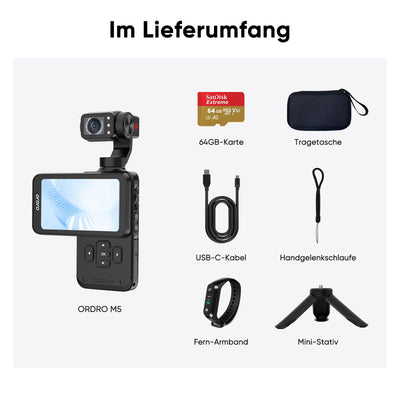 ORDRO M5 Kreativ Combo, vlog kamera mit 3.5" Flip Bildschirm 120° Sichtfeld, 3-Achsen-Stabilisierung, Gesichtsverfolgung, Zeitraffer, Slow Motion, IR Nachtsicht Videokamera für Reisen