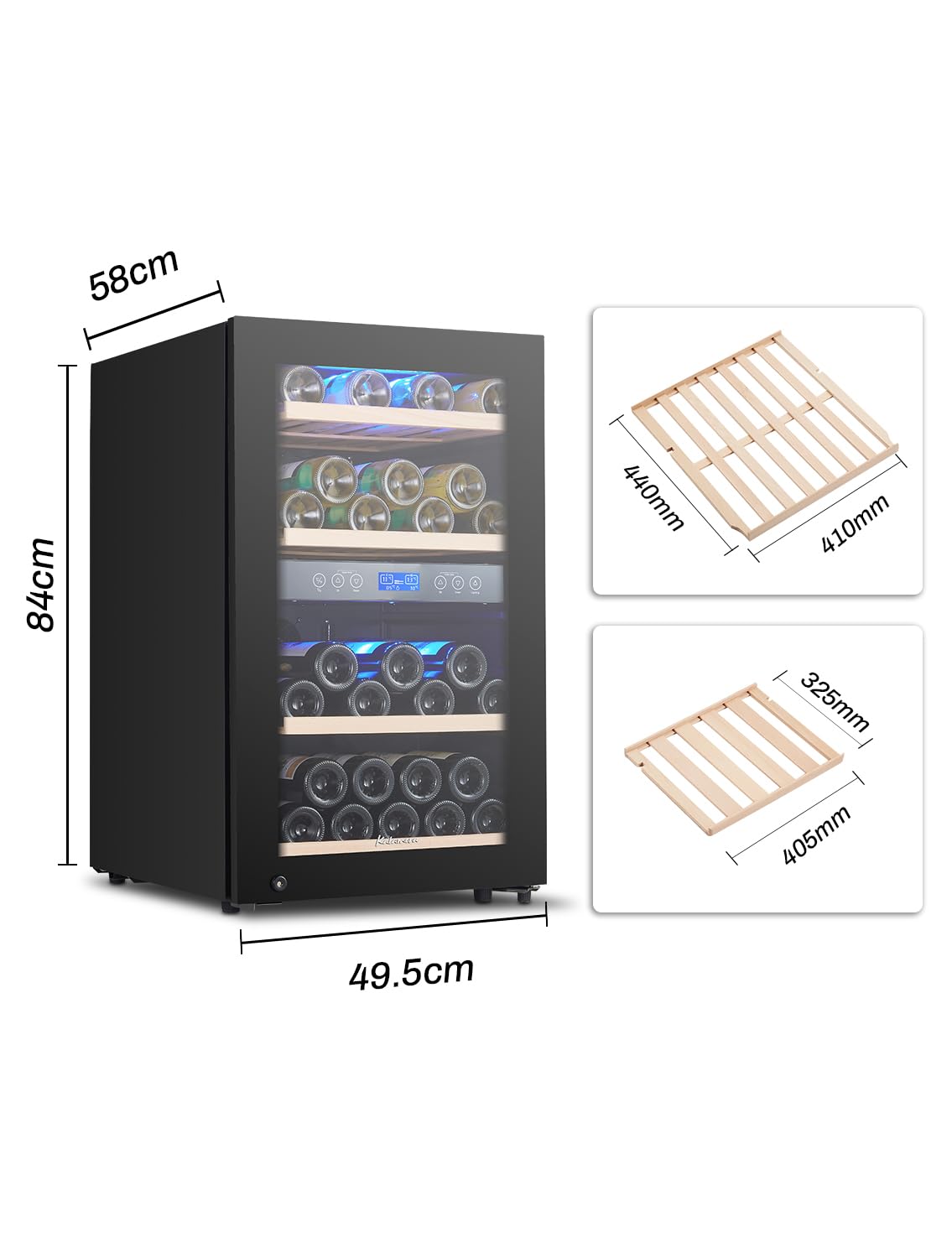 Kalamera Weinkühlschrank 2 Zonen, 45 Flaschen, 120Liter, großes LCD-Display, Temperaturzonen 5-10°C/10-18°C, KRC-120BFG