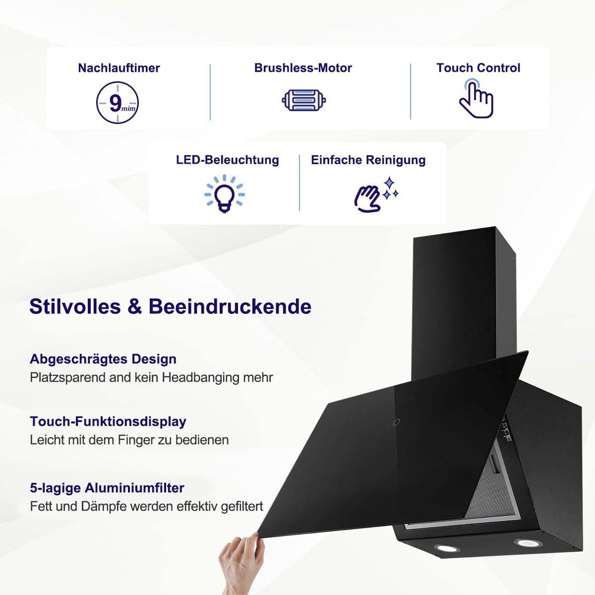 SNDOAS Dunstabzugshaube 60cm, Kopffreie Wandhaube mit 550 m³/h Starker Saugleistung, inkl. Aktivkohlefilter, LED-Anzeige Touchscreen, Verzögerungs-Ausschaltfunktion, Abluft/Umluft, Schwarz