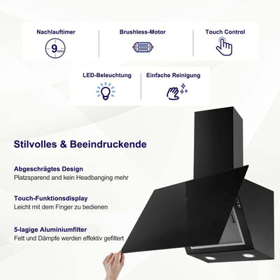 SNDOAS Dunstabzugshaube 60cm, Kopffreie Wandhaube mit 550 m³/h Starker Saugleistung, inkl. Aktivkohlefilter, LED-Anzeige Touchscreen, Verzögerungs-Ausschaltfunktion, Abluft/Umluft, Schwarz