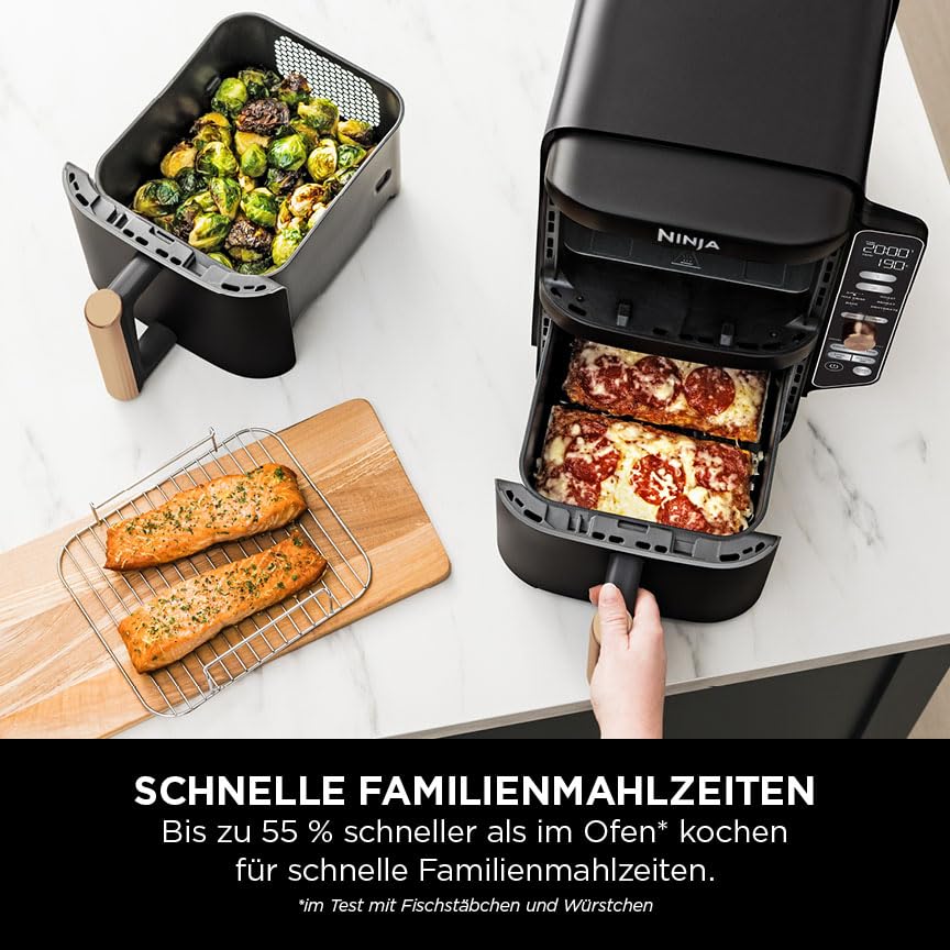Ninja Double Stack XL Heißluftfritteuse, 2 vertikale Schubladen, 4 Kochstufen, 2 Einschübe, platzsparendes Design, 9,5 L Fassungsvermögen, 6 Funktionen, 8 Portionen, Zange, Schwarz/Kupfer SL400EUCP