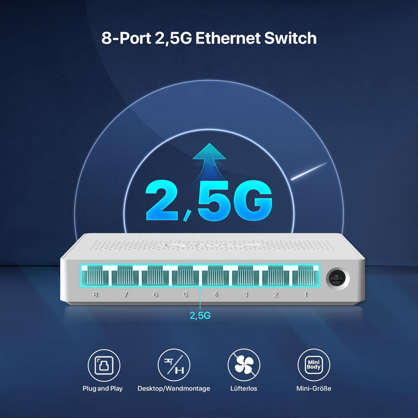 Tenda Switch 8 Port 2.5 Gigabit Netzwerk Switch LAN Switch (Plug-and-Play LAN Splitter LAN Verteiler, Unmanaged, Lüfterlos, Ideal für 2,5G NAS, Server, WiFi 6/7 AP, Gaming-PC) (SE108)