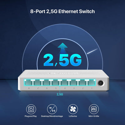 Tenda Switch 8 Port 2.5 Gigabit Netzwerk Switch LAN Switch (Plug-and-Play LAN Splitter LAN Verteiler, Unmanaged, Lüfterlos, Ideal für 2,5G NAS, Server, WiFi 6/7 AP, Gaming-PC) (SE108)