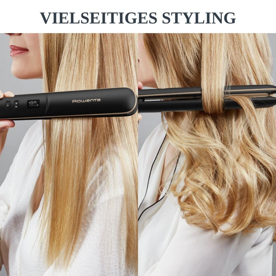 Rowenta SF4630 Express Shine Haarglätter | Arganöl-Infusor | Keramikplatten | Ionen-Effekt | 8 Temperatureinstellungen | 2-in-1-Wickeln und Glätten | gesundes Haar | Schwarz/Gold