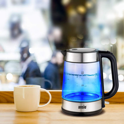ANSIO Wasserkocher Edelstahl,1,7 Liter, 2200 watts Wasserkocher mit Herausnehmbarer Kalkfilter, Abschaltautomatik, Schnellkochfunktion Wasserstandsanzeige beleuchtet BPA Frei (Klar Glas)