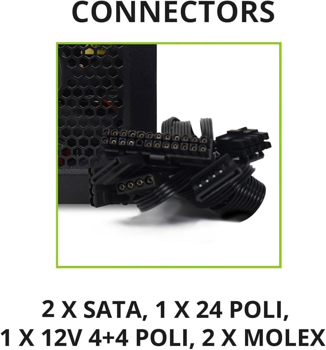 Tecnoware Power Systems - ATX-Netzteil 500, Ultrasilent 12 cm Lüfter, Überspannungsschutz, 2x SATA, 1x 24-polig, 1x 12V 4+4-polig, 2x Molex, schwarz, Größe 500 | Kompatibel mit ATX 12V v.2.01