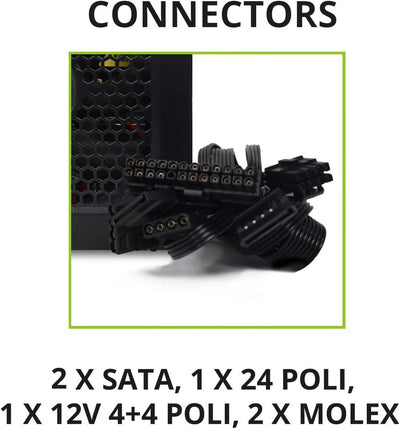 Tecnoware Power Systems - ATX-Netzteil 500, Ultrasilent 12 cm Lüfter, Überspannungsschutz, 2x SATA, 1x 24-polig, 1x 12V 4+4-polig, 2x Molex, schwarz, Größe 500 | Kompatibel mit ATX 12V v.2.01