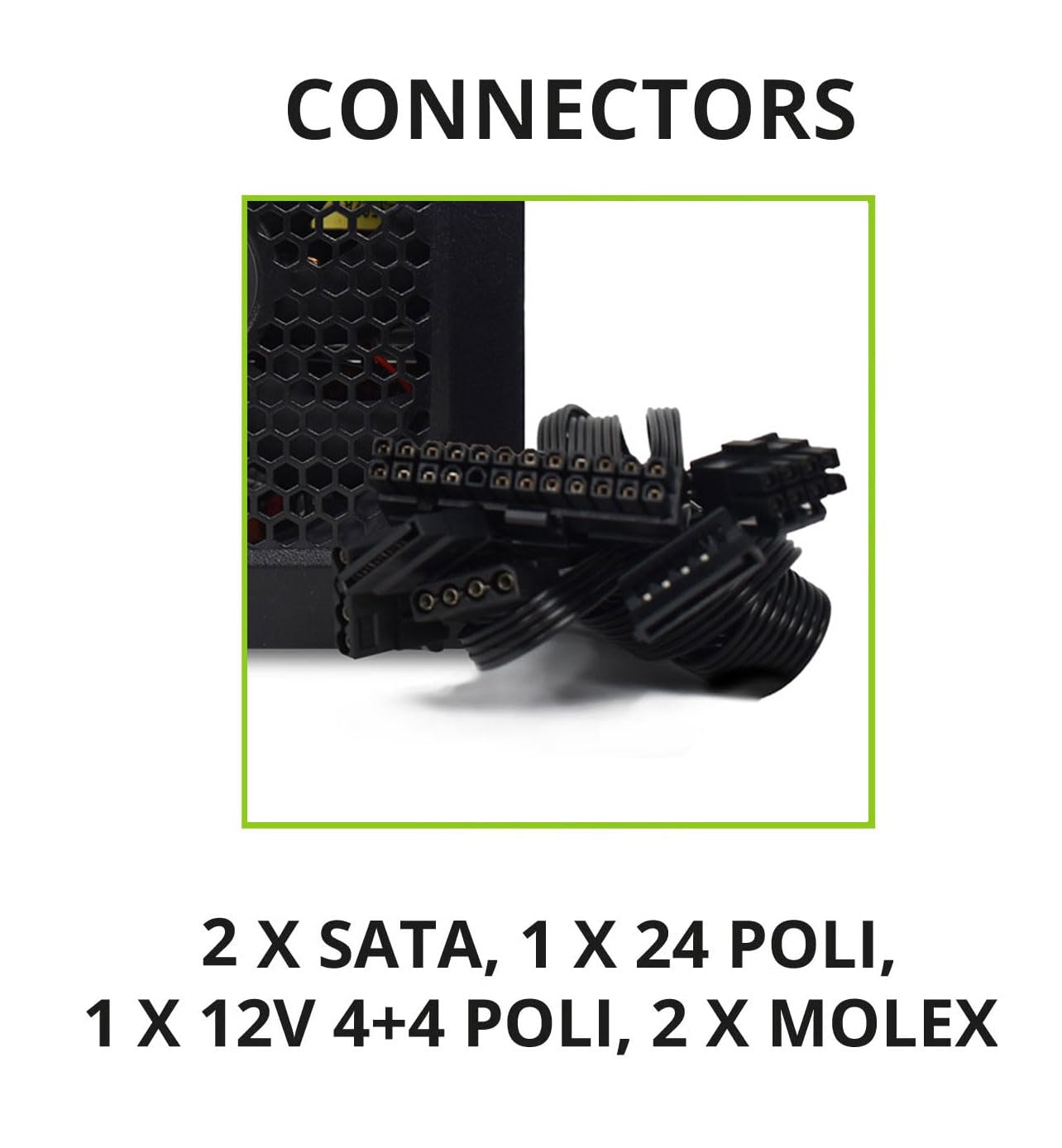 Tecnoware Power Systems - ATX-Netzteil 500, Ultrasilent 12 cm Lüfter, Überspannungsschutz, 2x SATA, 1x 24-polig, 1x 12V 4+4-polig, 2x Molex, schwarz, Größe 500 | Kompatibel mit ATX 12V v.2.01