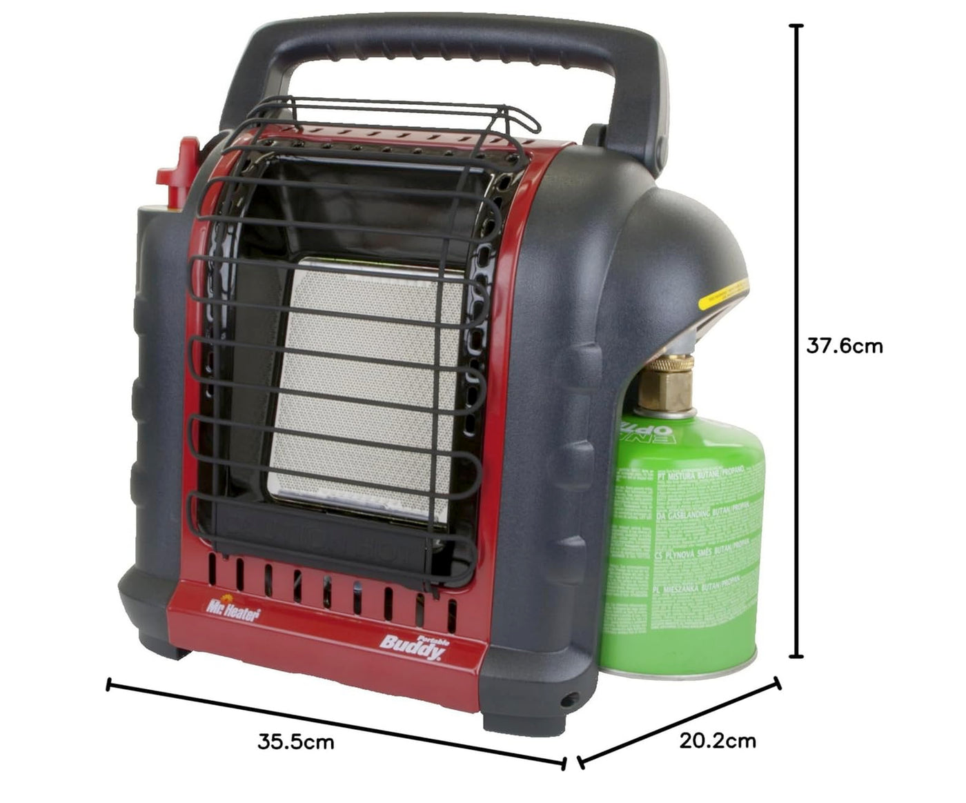 Mr Heater Tragbarer Gasheizer MH9BDF - Gasheizung mit Gasflasche - Gasheizstrahler - Räume bis zu 26M2 - Geeignet für Propan G31 und Butan/Propan G30+31 Patronen - Schwarz/Rot