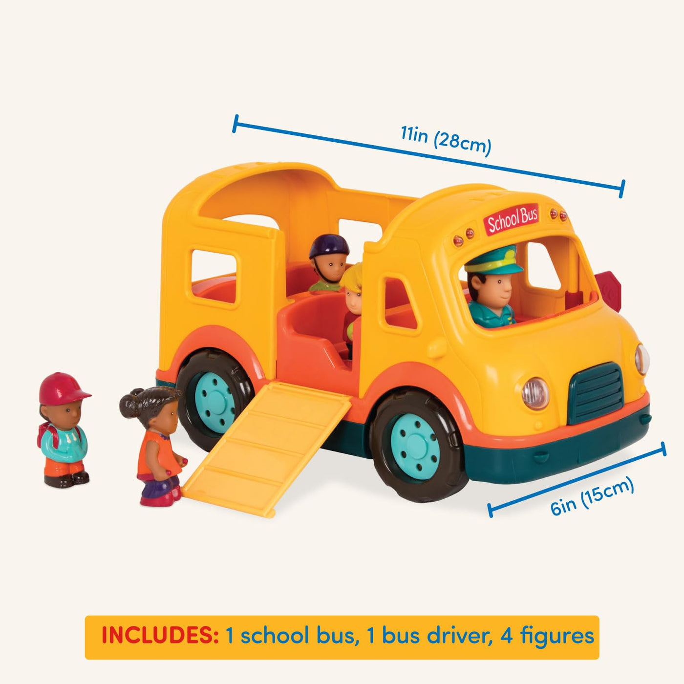 Battat – Licht & Geräusche Schulbus – Gelber leuchtender Schulbus – 5 Spielzeugfiguren – Realistische Geräusche – Klappbares Stoppschild – 18 Monate +
