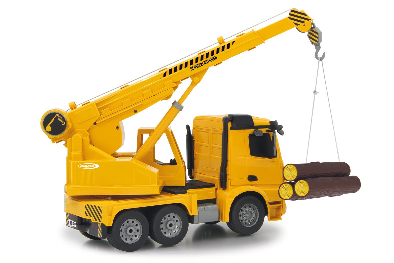JAMARA 404950 - Schwerlastkran Mercedes Arocs 1:20 2,4G - drehbarer und ausfahrbarer Kran, Seil Heben/senken, realistischer Motorsound, Hupe, Rückfahrwarnsound, 4 Radantrieb,gelbe LED Signallichter