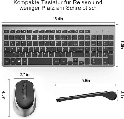 JOYACCESS Tastatur Maus Set Kabellos, 2.4G Ultra-Dünne Funktastatur mit Maus, QWERTZ Layout (Deutsch), Ergonomische Keyboard Mouse für Computer/Desktop/PC/Laptop/Windows 10/8/7, Schwarz und Grau