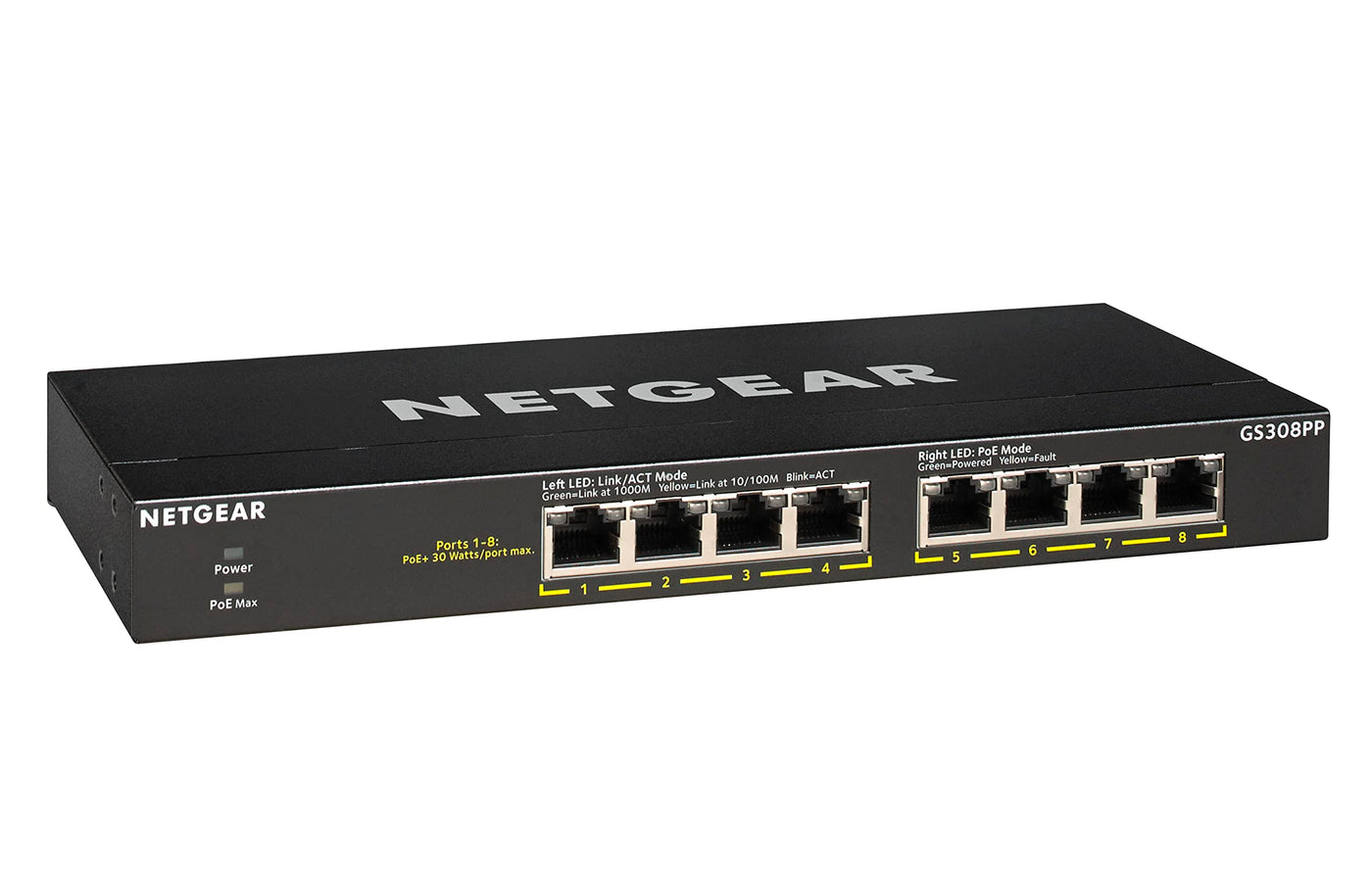 NETGEAR GS308PP PoE Switch 8 Port Gigabit Ethernet LAN Switch PoE+ 83W (Plug-and-Play Netzwerk Switch PoE, lüfterlos, robustes Metallgehäuse), schwarz