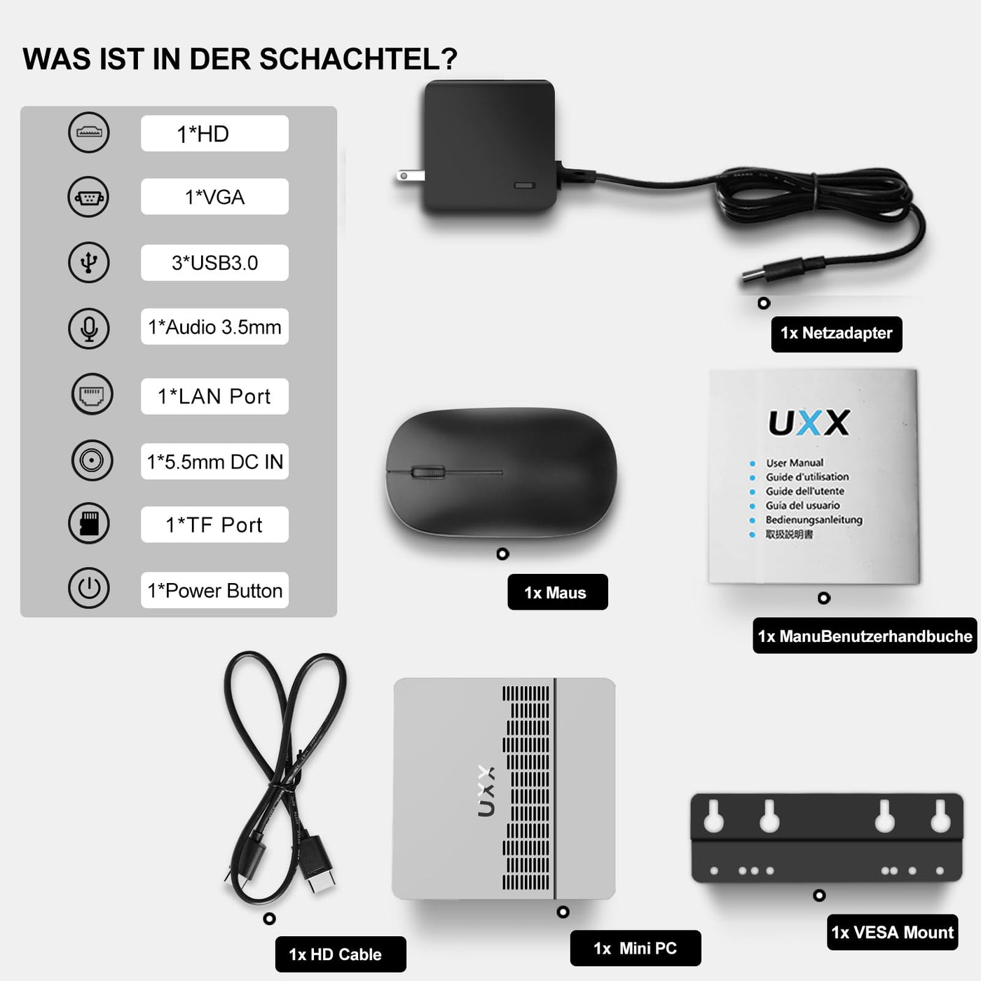 UXX Mini PC Unterstützung 512GB M.2 SSD Erweiterung, N3350 Micro Desktop Computer 64GB eMMC, Gaming PC 4K UHD Dual Display, BT, 2.4/5G WiFi, USB 3.0, HD für Büro/Home (silbrig)