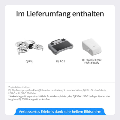 DJI Flip (RC 2 Fernsteuerung mit Bildschirm) – Mini Drohne mit Kamera 4K für Kinder, unter 249g, Follow-Me, 13 km HD-Übertragung, Handstart, 31 Min Flugzeit, Drohne mit Kamera Für Vlogs