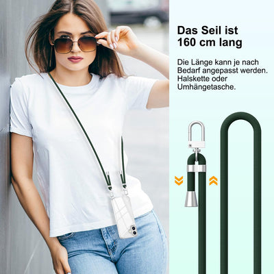 Anshow Verbesserte Handykette für iPhone 16 Plus Hülle mit Band + 1 Schutzfolie, Necklace Stoßfest Handyhülle iPhone 16 Plus Case Transparent Schutzhülle zum Umhängeband Abnehmbar, Dunkelgrün