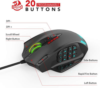 Redragon M908 Impact RGB LED MMO Maus mit Seitentasten, optische kabelgebundene Gaming-Maus mit 12.400DPI, hohe Präzision, 20 programmierbare Maustasten