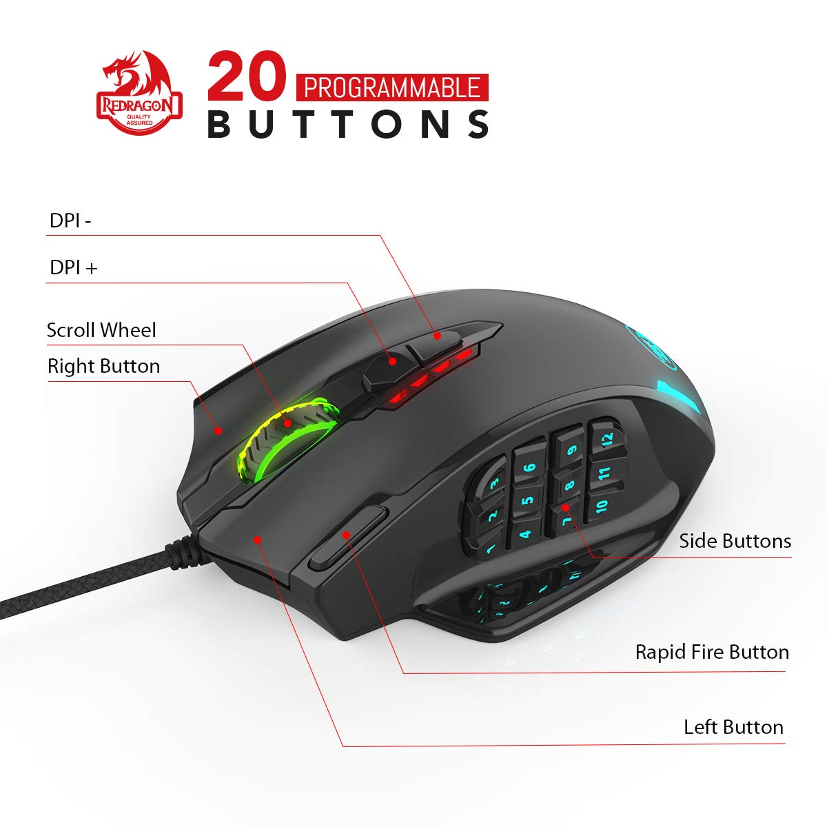 Redragon M908 Impact RGB LED MMO Maus mit Seitentasten, optische kabelgebundene Gaming-Maus mit 12.400DPI, hohe Präzision, 20 programmierbare Maustasten