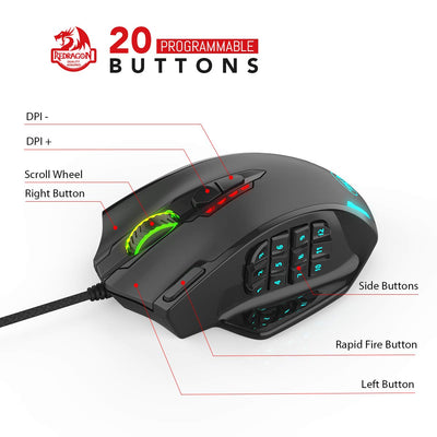 Redragon M908 Impact RGB LED MMO Maus mit Seitentasten, optische kabelgebundene Gaming-Maus mit 12.400DPI, hohe Präzision, 20 programmierbare Maustasten