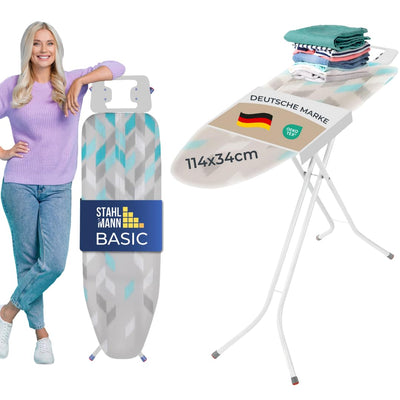 STAHLMANN ® Bügelbrett [114x34 Bügelfäche ] mit rutschfesten Füßen – robuster Bügeltisch – extra stabiles Bügelbrett [Made IN EU] – Tischbügelbrett