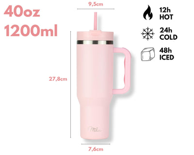 Milu Thermobecher 1,2L mit Strohhalm und Henkel – 48h Eis/24h kalt/12h heiß Edelstahl Tumbler 40oz mit Griff Isolierbecher to go Isolierflasche Trinkflasche doppelwandig isoliert (Blossom Pink, 1,2L)