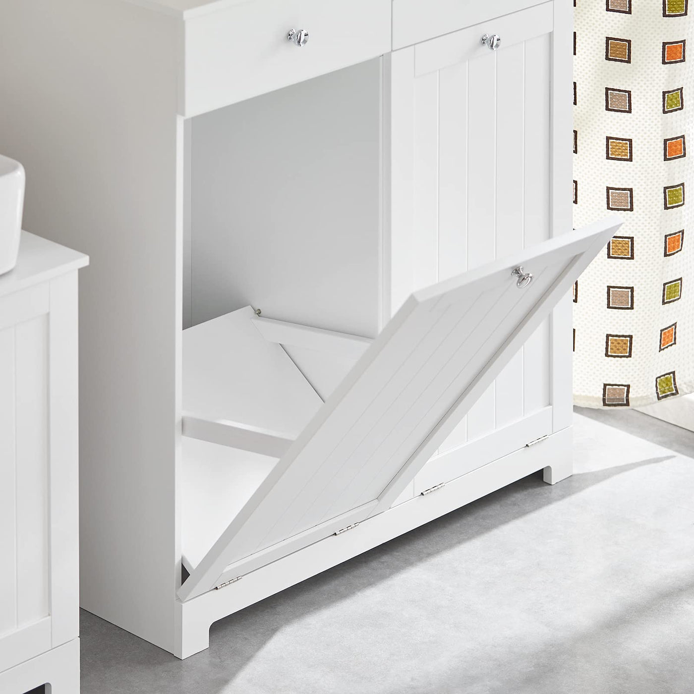 SoBuy BZR33-W Wäscheschrank mit 2 ausklappbaren Wäschesäcken Wäschetruhe Wäschesammler mit 2 Schubladen Wäschekorb Badschrank Badmöbel weiß BHT ca: 78x90x38cm