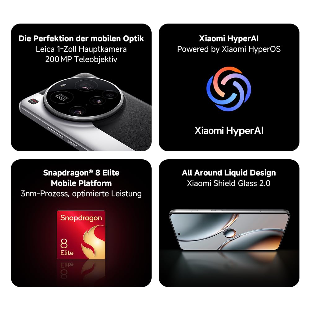 Xiaomi 15 Ultra Smartphone, 16+512GB, Weiß, Handy ohne Vertrag, 100mm 200MP Leica Kamera, 120Hz WQHD+ AMOLED Display, Snapdragon 8 Elite, 5410mAh, 90W HyperCharge, Xiaomi Hyper AI, Dual-SIM