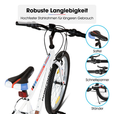 Hiland Mountainbike 26 Zoll für Jugendliche & Erwachsene, 18-Gang Fahrrad mit Doppel-V-Bremse, High Carbon Stahlrahmen MTB Fahrrad für Jugend Frauen Männer, Weiß
