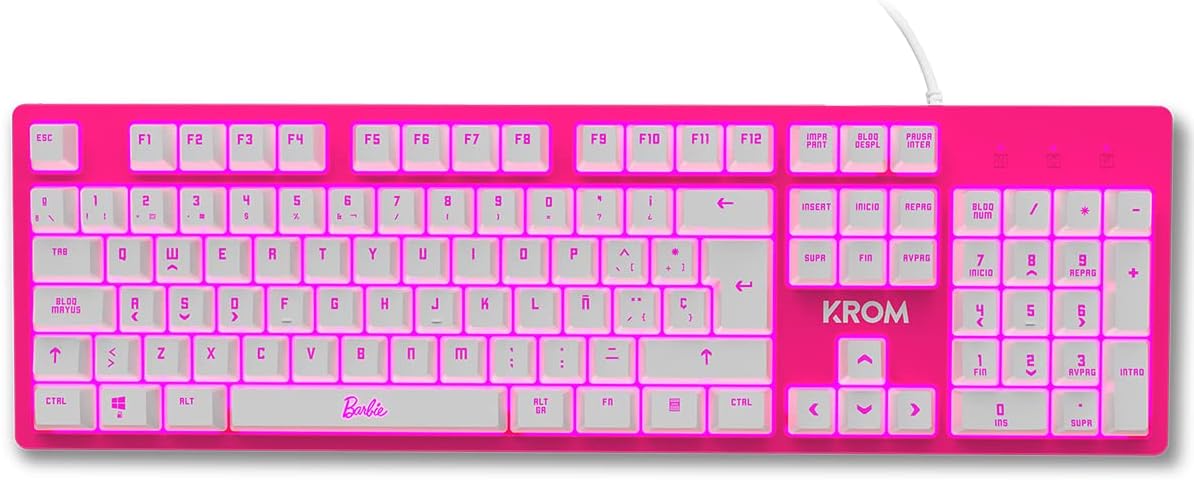 KROM Maus und -Mausunterlage Barbie Edition Kandy - Weiße LED-Membrantastatur, Maus optischem Sensor 6400 DPI, Mause-Matte hat eine Gummibasis, Italienisch Layout, pink