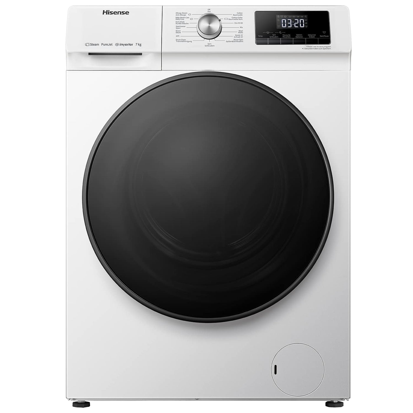 Hisense WFQA7014EVJM Waschmaschine mit Dampffunktion/ 7 kg /AquaStop/ 1400 U/min /15 Programme/ Inverter PowerDrive Motor/Edelstahltrommel/Kindersicherung/Trommelreinigung/Weiß