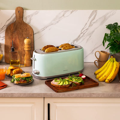 Cecotec Toaster 4 Scheiben Toast&Taste 1600 Retro Double Green, 1630 W, 2 Breite und Lange Schlitze von 3,8 cm, Edelstahl, Obere Roste, Regulierbare Leistung, Krümelschublade