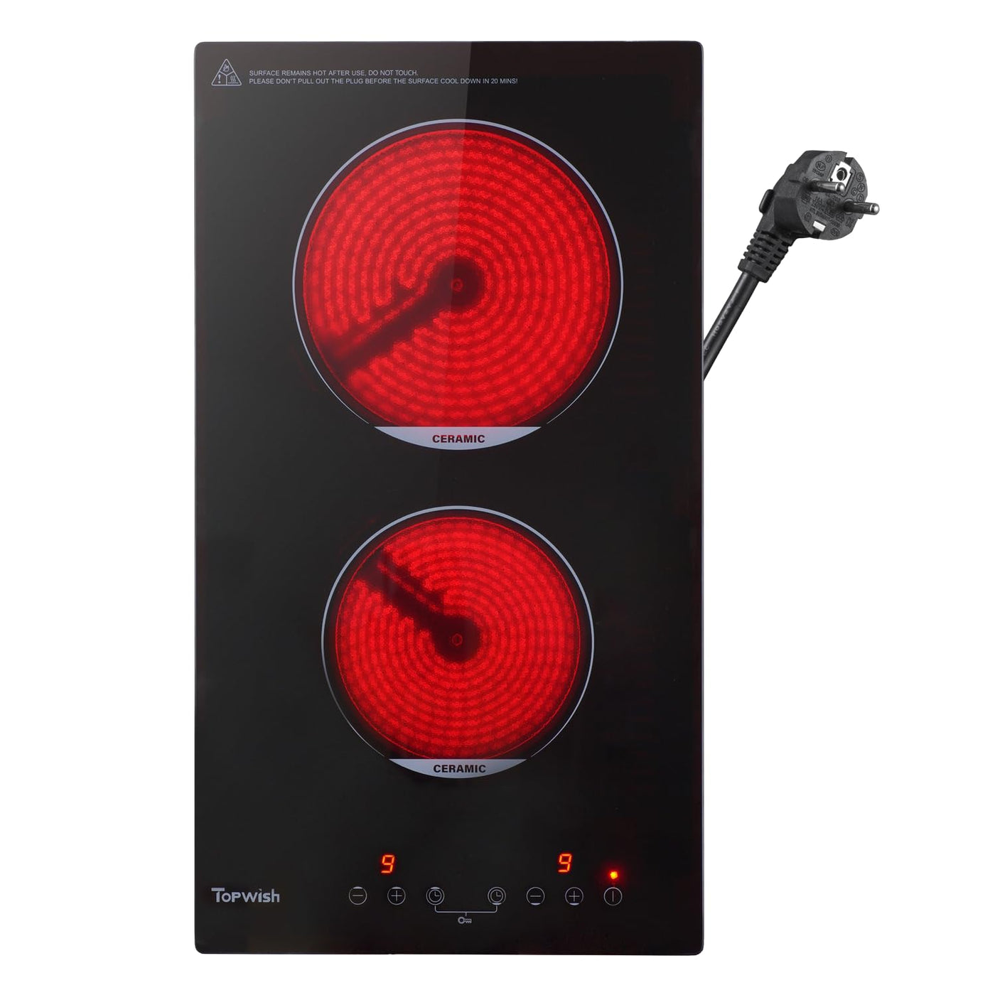 Topwish Glaskeramikkochfeld, 2 Zonen Keramikkochfeld, Elektroherd, integriertes elektrisches Kochfeld, Einbaukochfeld mit 9 Stufen, Kindersicherung, Touchsteuerung, Restwärmeanzeige, Timer, 29 * 52cm