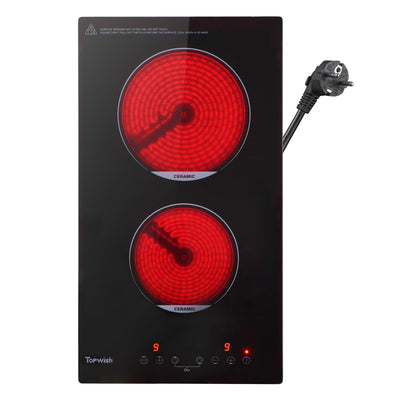 Topwish Glaskeramikkochfeld, 2 Zonen Keramikkochfeld, Elektroherd, integriertes elektrisches Kochfeld, Einbaukochfeld mit 9 Stufen, Kindersicherung, Touchsteuerung, Restwärmeanzeige, Timer, 29 * 52cm