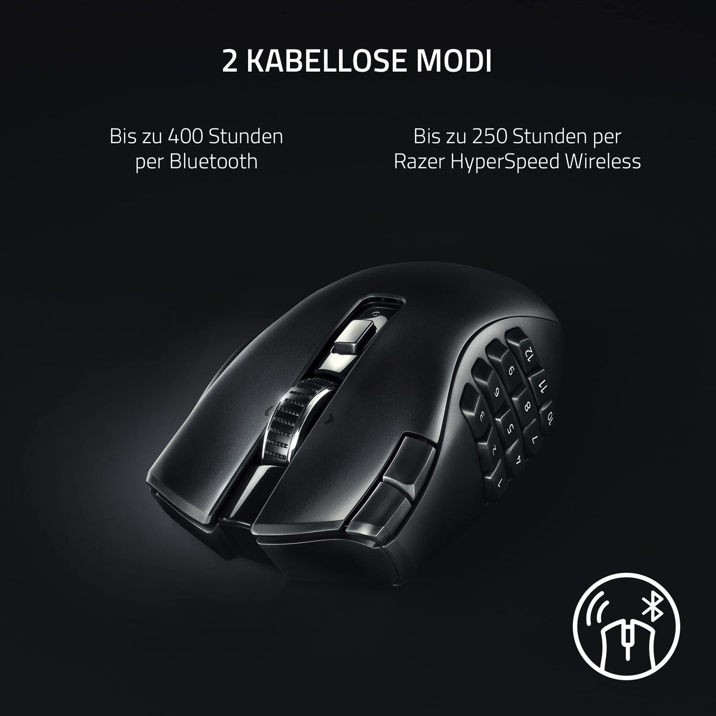 Razer Naga V2 HyperSpeed - Ergonomische Kabellose MMO Gaming Maus (19 Programmierbaren Tasten, Wireless 2,4 GHz, Bluetooth, Bis zu 250 Stunden, Focus Pro 30K Optischer Sensor) Schwarz