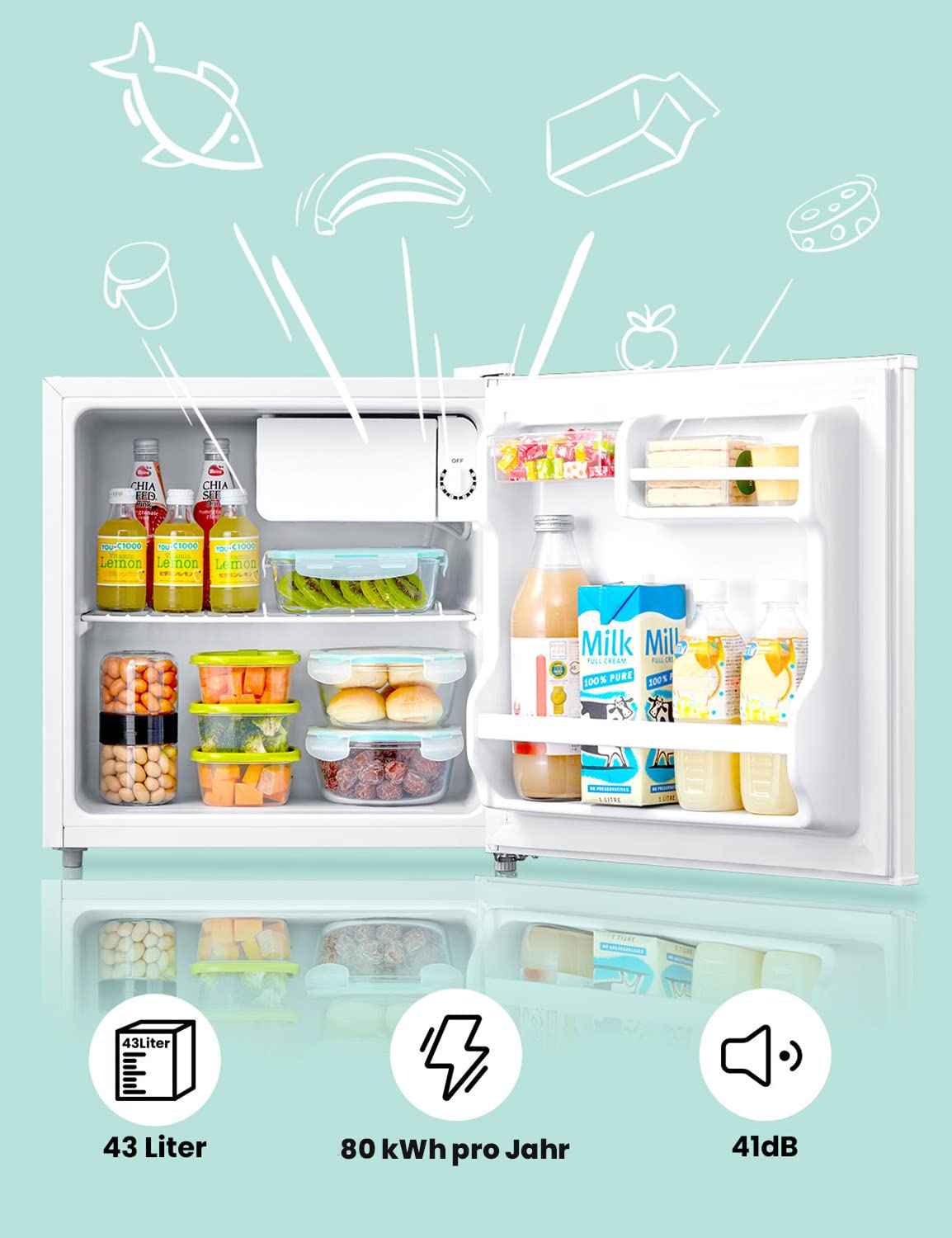 Comfee RCD50WH2(E) Mini Kühlschrank / 43L Kühlbox mit Eisfach/Kühlschrank Klein für Zimmer & Büro/Schnelle Kühlung in der Chiller Box/Temperaturregelung/Verstellbare Füße / 80 kWh/Jahr/Weiß