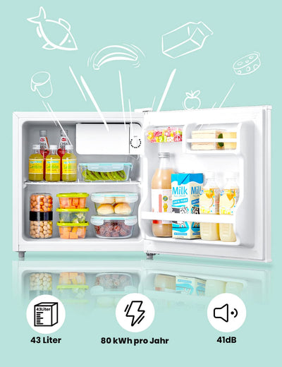 Comfee RCD50WH2(E) Mini Kühlschrank / 43L Kühlbox mit Eisfach/Kühlschrank Klein für Zimmer & Büro/Schnelle Kühlung in der Chiller Box/Temperaturregelung/Verstellbare Füße / 80 kWh/Jahr/Weiß