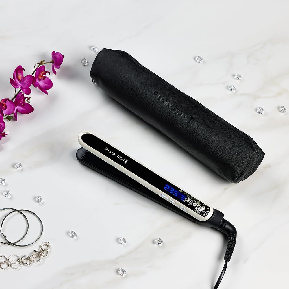 Remington Glätteisen [Testsieger] Pearl (hochwertige Keramikbeschichtung mit echten Perlen für eine gleichmäßige Wärmeverteilung) LCD-Display, 150-235°C, inkl. Aufbewahrungstasche, Haarglätter S9501